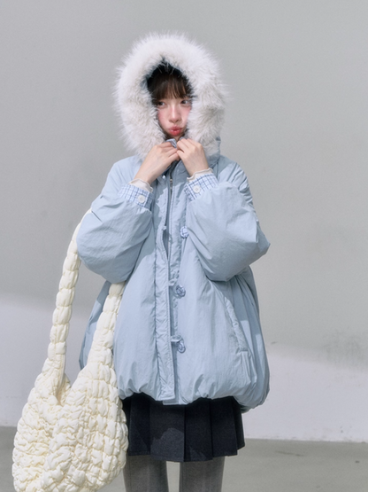 "雪境叠影" Faux Two-Piece Blue Down Jacket with 90% Duck Down & Fur Hood