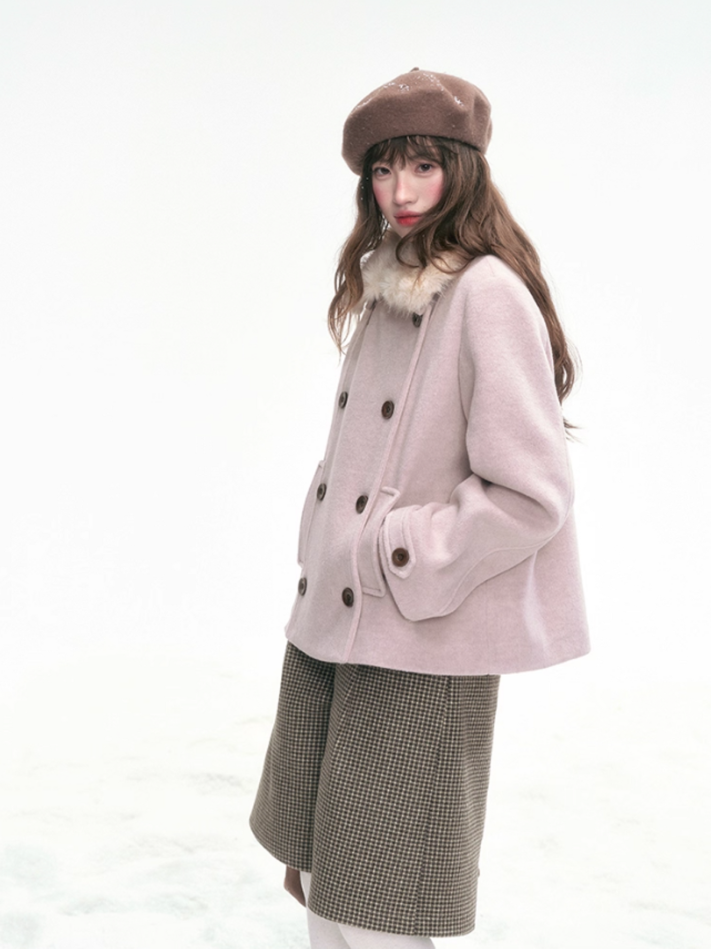 “Pink Letters” Sweet Vintage Double-Breasted Wool-Blend Coat LL2025336