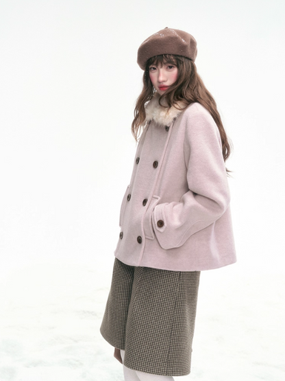 “Pink Letters” Sweet Vintage Double-Breasted Wool-Blend Coat LL2025336