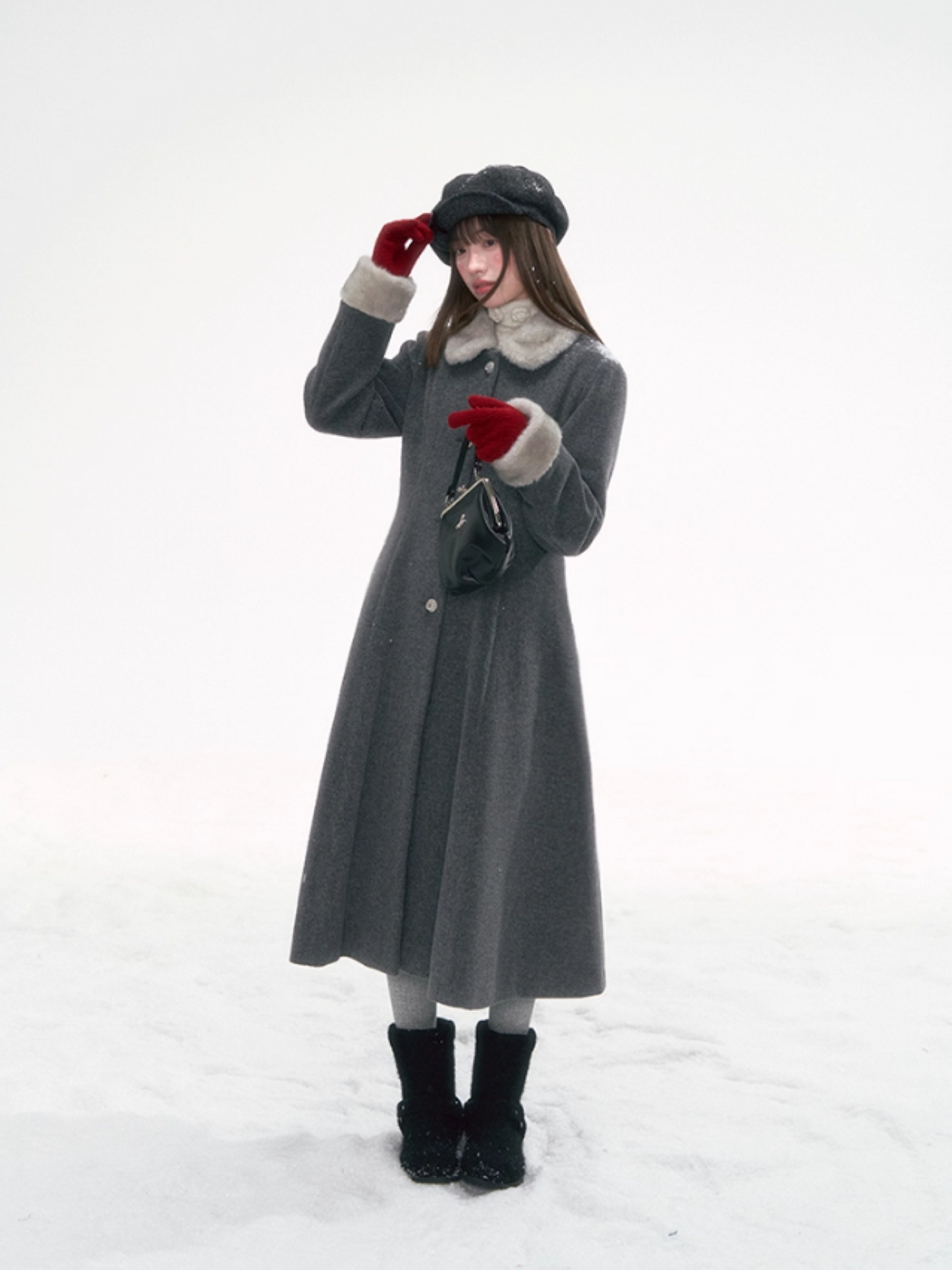 “Moscow Haze" Rose-Button Wool Coat – Cinched Waist Elegance