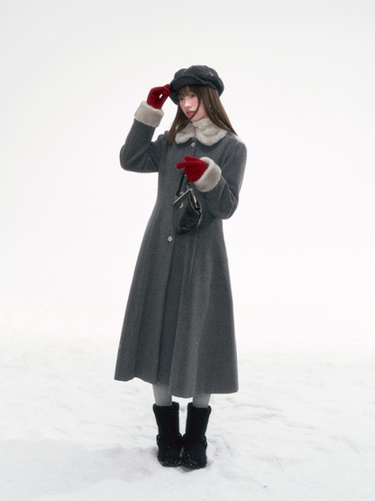 “Moscow Haze" Rose-Button Wool Coat – Cinched Waist Elegance