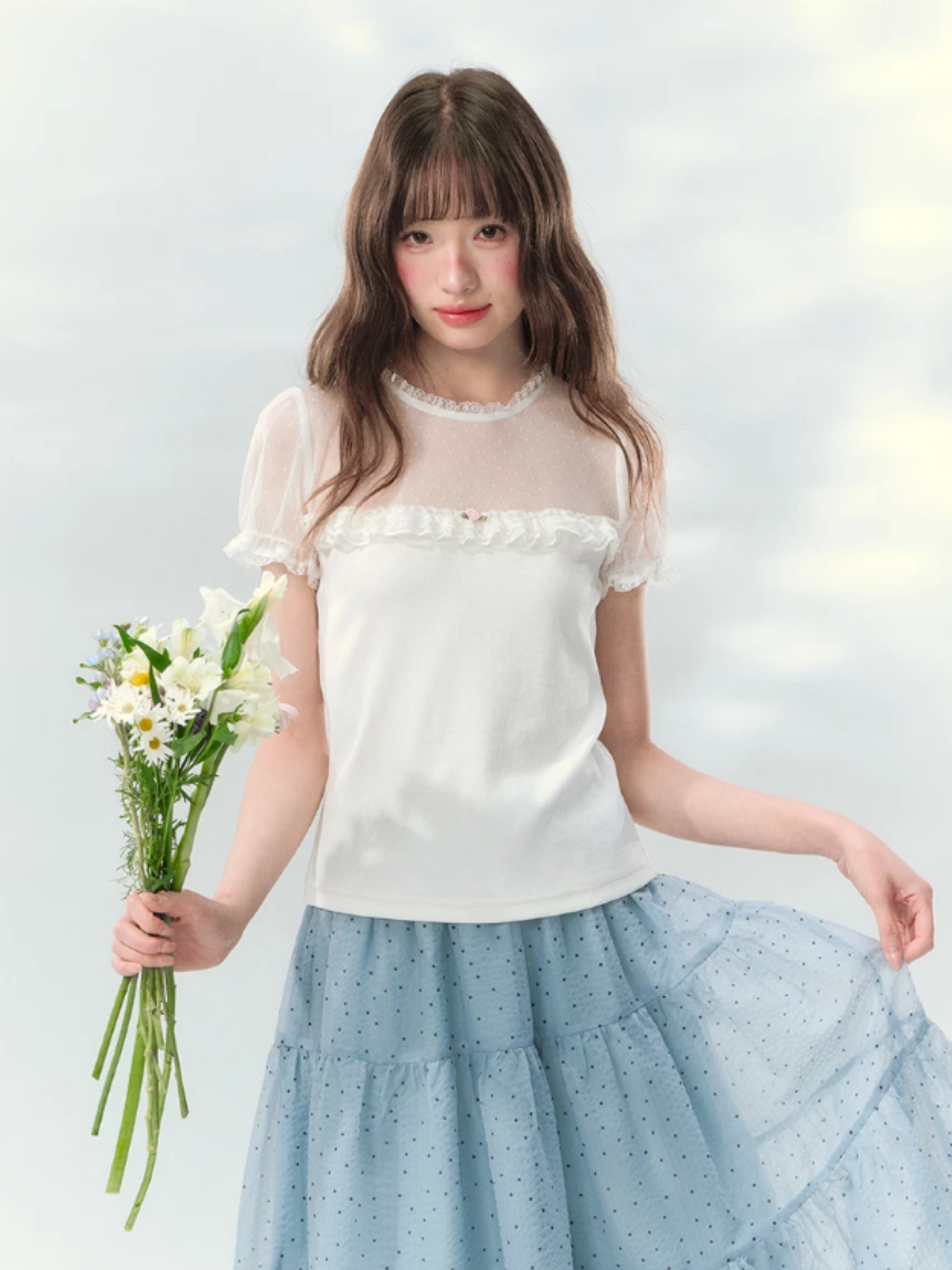 “Soft Candy Stardust” Lace Mesh Puff Sleeve Tee  LL2026149