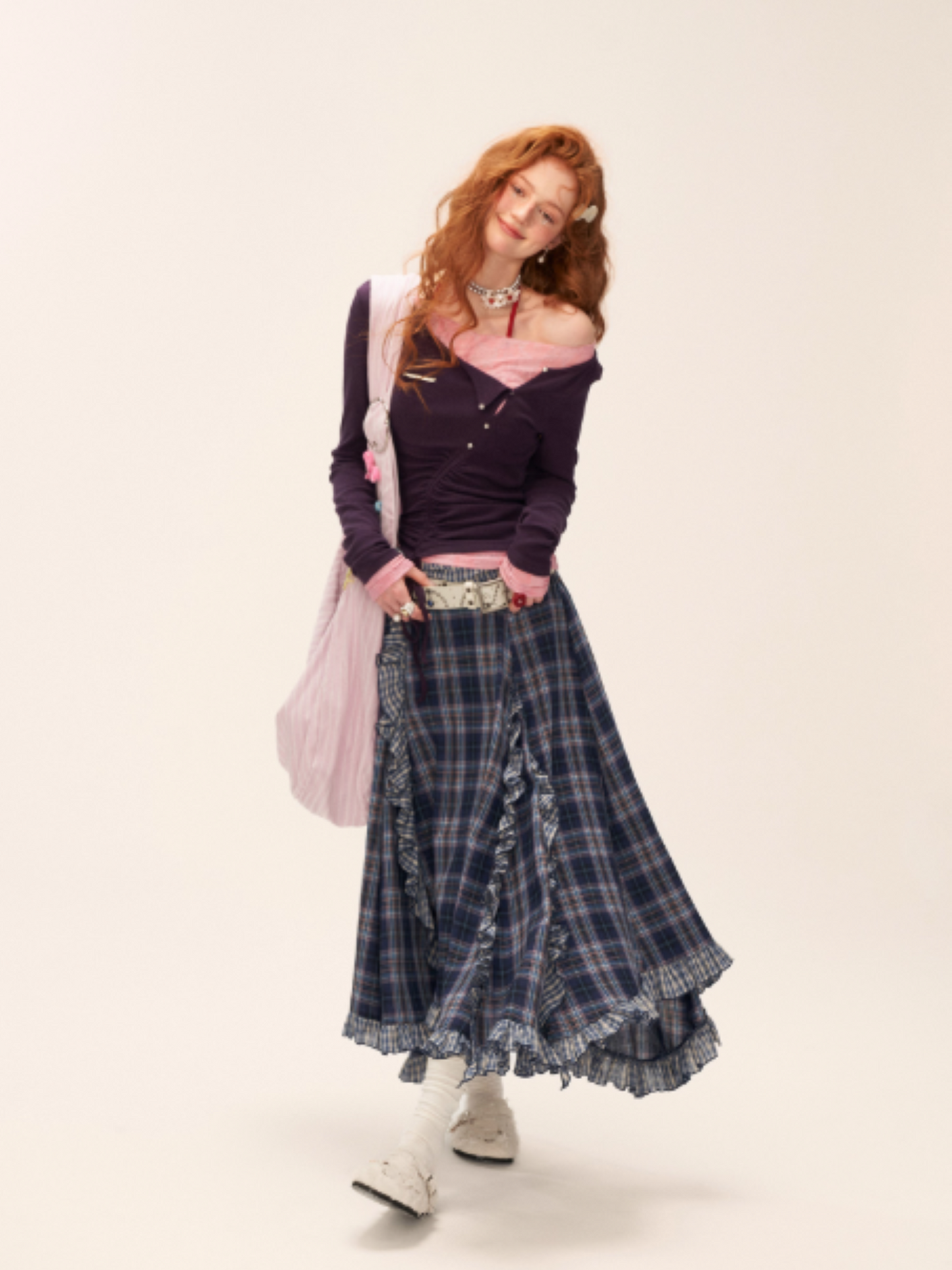Asymmetrical Plaid Maxi Skirt with Ruffle Hem WE814 (Blue)