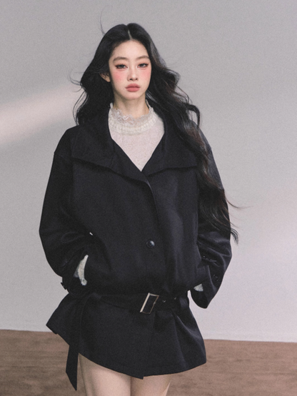 少也眼 Sydney Holiday French Hepburn Style Trench Coat (Black)