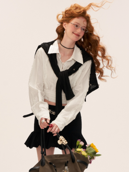 MAMC - Layered Striped Waist-Cinched White Shirt WE727