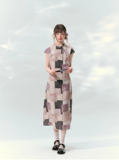 “Wisteria Poetry” Purple Patchwork Print Cheongsam Dress