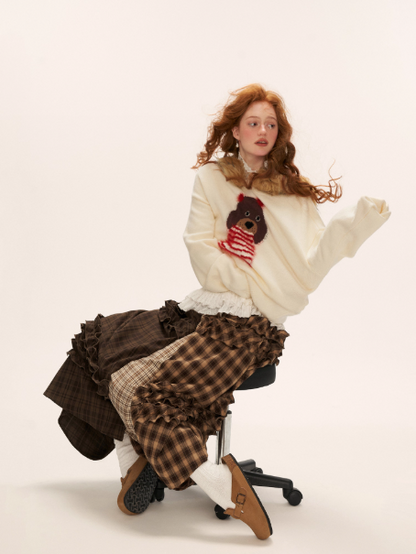MAMC - Brown Patchwork Plaid Layered Midi Skirt WE738