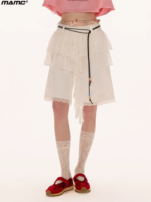 MAMC - Layered Lace Trim Shorts – White Summer Relaxed Fit