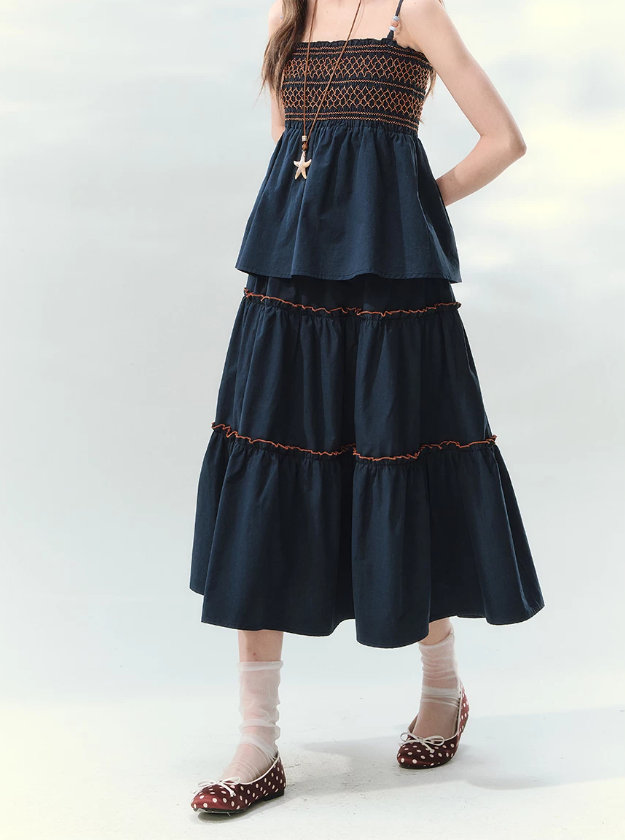 “Bohemian Travel Notes” Navy Beaded Cami & Tiered Maxi Skirt Set