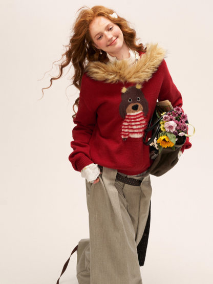 MAMC - Dog Fur-Trim Pullover Hoodie Sweater WE805 - Red