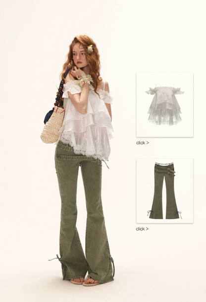 White Lace Ruffle Cami & Eyelet Maxi Skirt Set  WE991