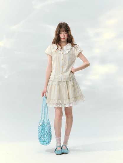 “Spring Lemon Breeze” Milk Blue Striped Shirt & Tiered Mini Skirt Set