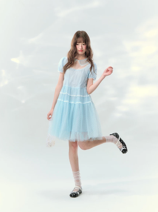 “Ice Blue Polka Dream” Blue Polka Dot Tiered Mini Dress
