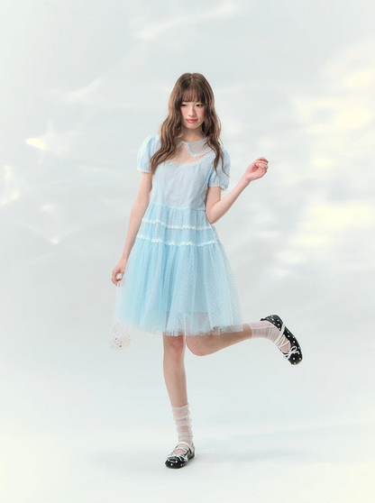 “Ice Blue Polka Dream” Blue Polka Dot Tiered Mini Dress