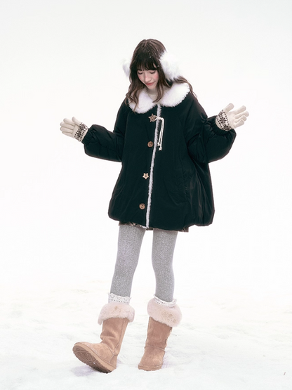 '绒间星轨' Puffer Jacket with Faux Fur Collar – Black LL2025264