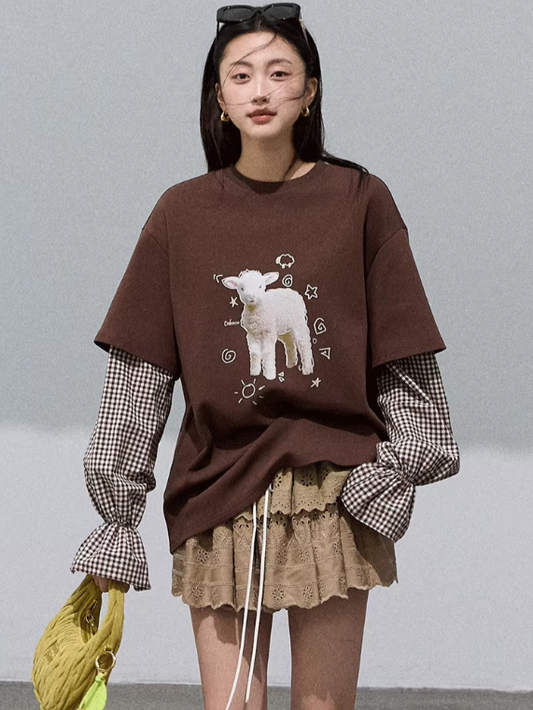 OAKMOO - "Pastoral Lamb Mood" Layered Gingham Sweatshirt – Cocoa Brown 25Q457
