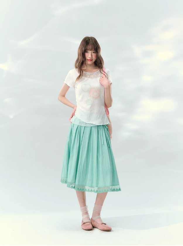 “Mint Waltz” Mint Green Lace Trim Pleated Midi Skirt