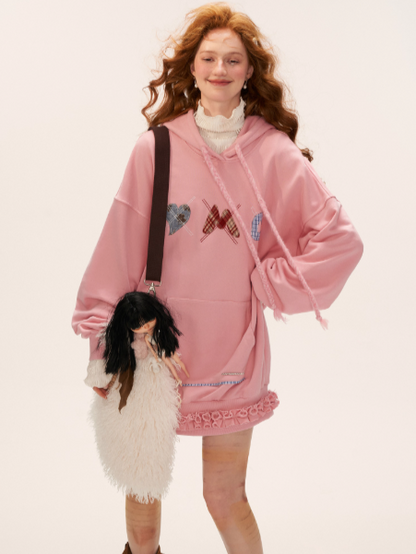 MAMC - Plaid Patch Embroidered Hoodie Dress WE808 - PINK