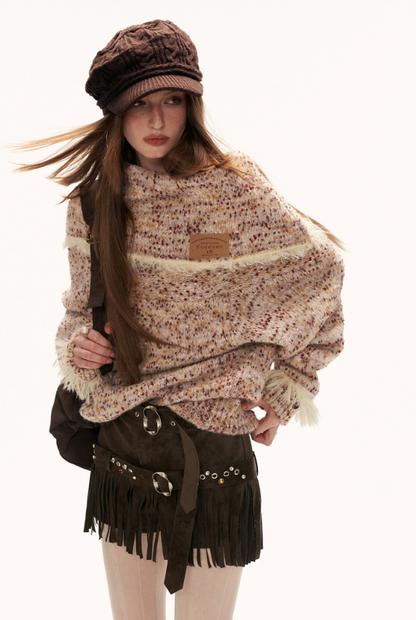 MAMC - Beige Slouchy Textured Off-Shoulder Turtleneck Sweater