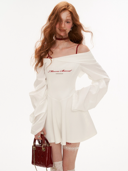 MAMC - White Patchwork Lantern Sleeve Off-Shoulder Dress WE508