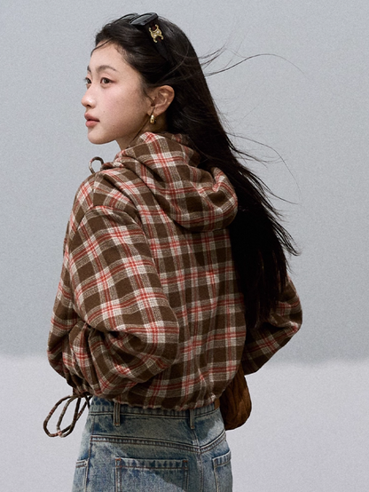 OAKMOO - Wool Textured Plaid Hooded Short Jacket – Coffee Quartz Brown 25Q423