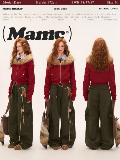 MAMC - Asymmetrical Shoulder Detachable Fur Collar Floral Jacket WE762 - RED