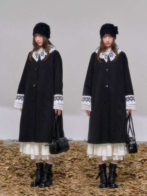 “暮光絮语” Black Sweetheart Trench Coat with Detachable Lace Collar
