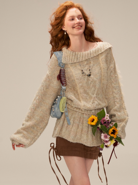 MAMC - Beige Cable Knit Tie-Waist Sweater WE835