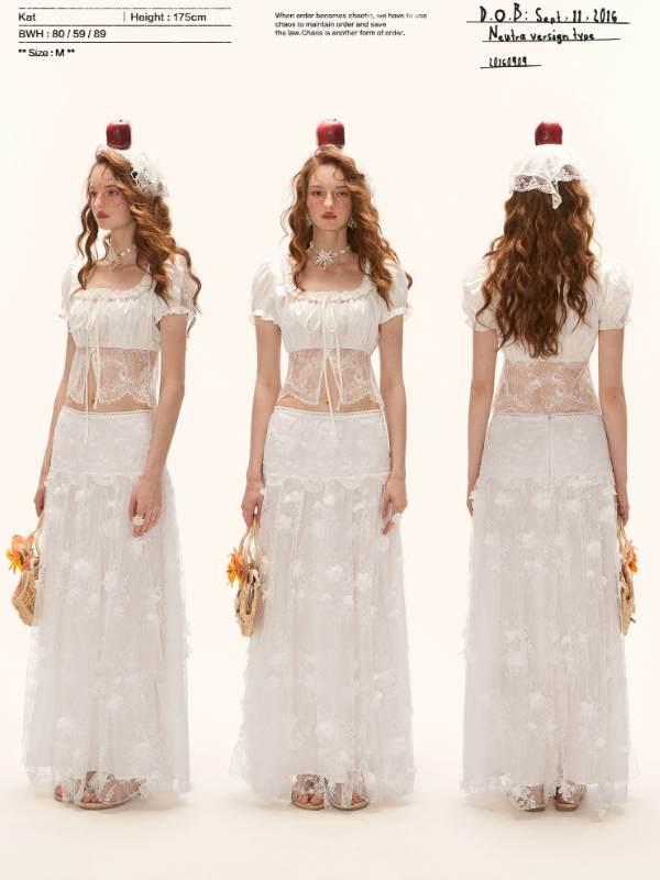 "French Lace Mood" Square Neck Puff Sleeve Top WE953