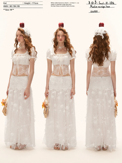 "French Lace Mood" Square Neck Puff Sleeve Top WE953