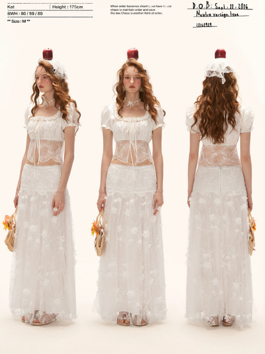 "French Lace Mood" Square Neck Puff Sleeve Top WE953