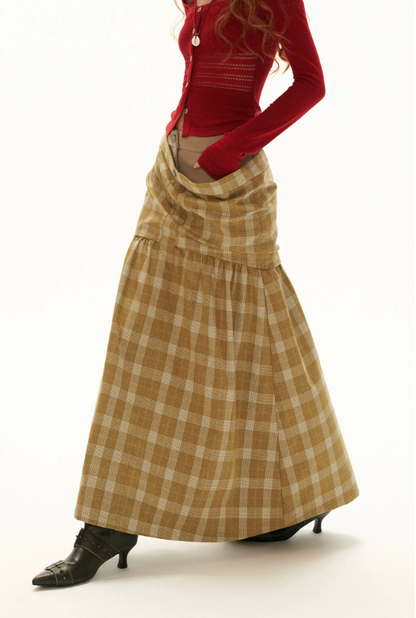 MAMC - Vintage Plaid A-Line Skirt with Layered Waist Detail (Black / Yellow)