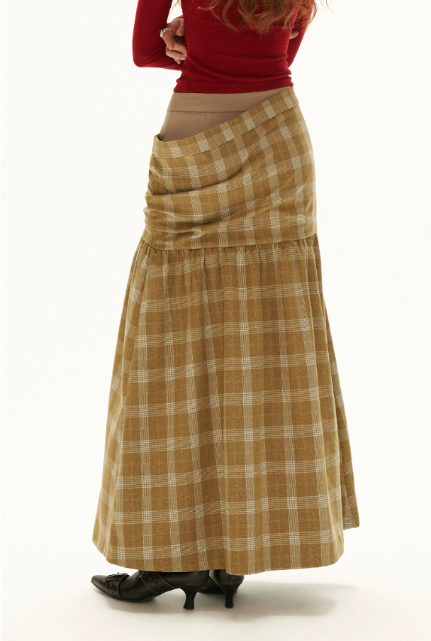 MAMC - Vintage Plaid A-Line Skirt with Layered Waist Detail (Black / Yellow)
