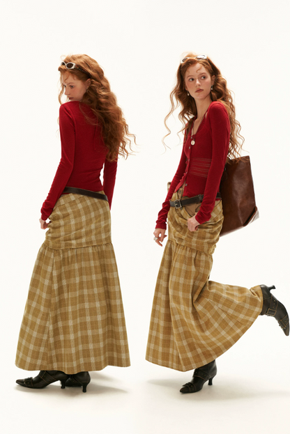 MAMC - Vintage Plaid A-Line Skirt with Layered Waist Detail (Black / Yellow)