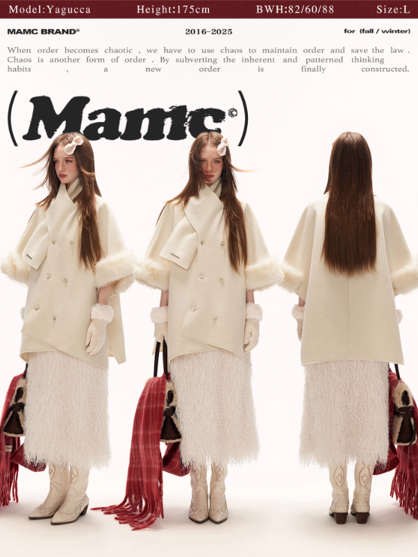 MAMC - White Scarf-Trim Faux Fur Cape Jacket WE889