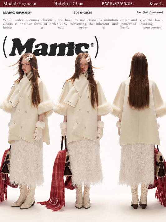 MAMC - White Scarf-Trim Faux Fur Cape Jacket WE889