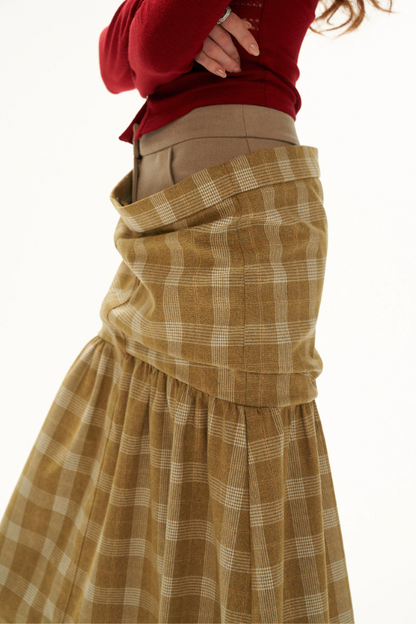 MAMC - Vintage Plaid A-Line Skirt with Layered Waist Detail (Black / Yellow)