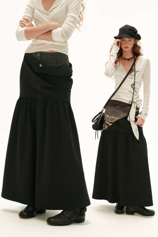 MAMC - Vintage Plaid A-Line Skirt with Layered Waist Detail (Black / Yellow)