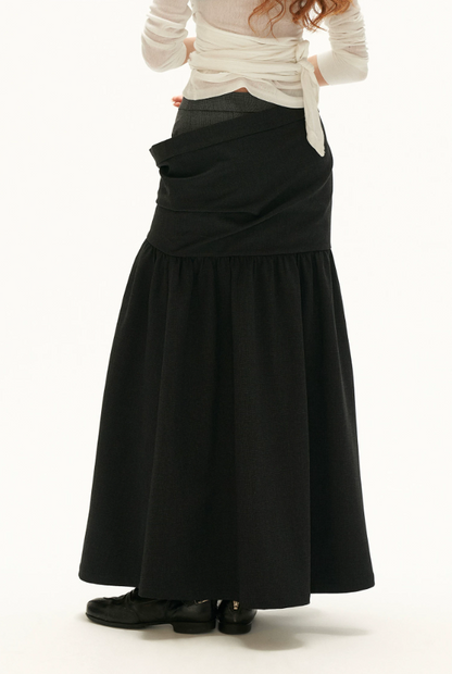 MAMC - Vintage Plaid A-Line Skirt with Layered Waist Detail (Black / Yellow)