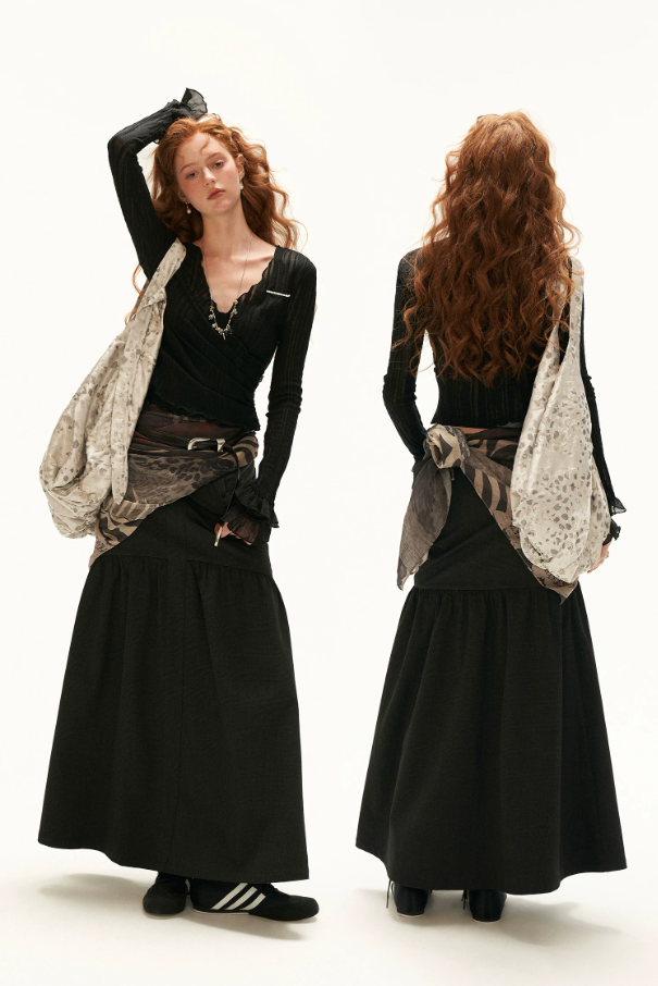 MAMC - Vintage Plaid A-Line Skirt with Layered Waist Detail (Black / Yellow)
