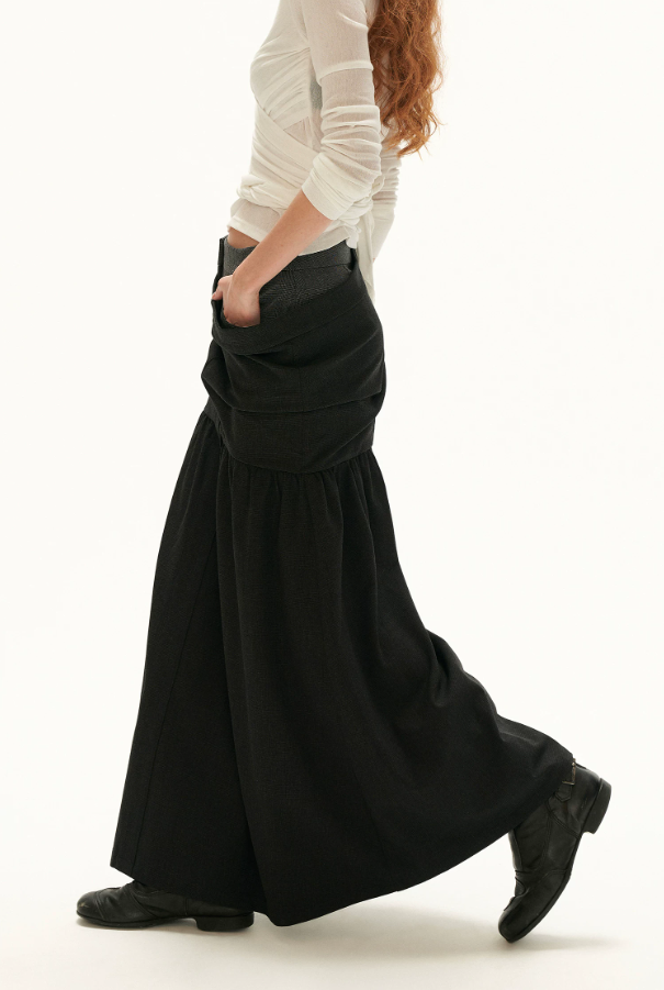 MAMC - Vintage Plaid A-Line Skirt with Layered Waist Detail (Black / Yellow)