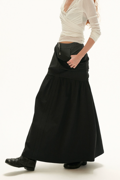 MAMC - Vintage Plaid A-Line Skirt with Layered Waist Detail (Black / Yellow)