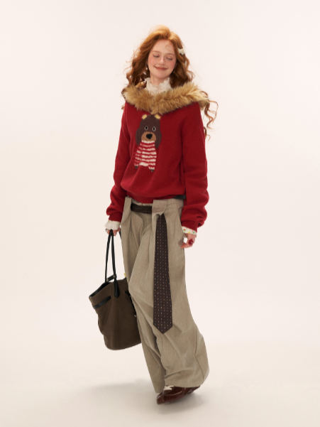 MAMC - Dog Fur-Trim Pullover Hoodie Sweater WE805 - Red