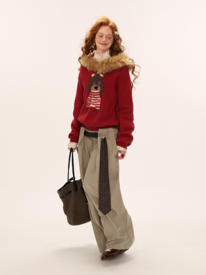 MAMC - Dog Fur-Trim Pullover Hoodie Sweater WE805 - Red