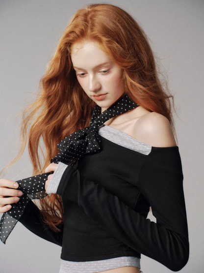 "浪漫波尔卡" Asymmetric Polka Dot Colorblock Long Sleeve Top (Black)