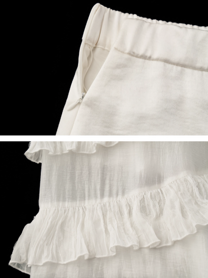 Aurora Layered Asymmetrical Midi Skirt WE847 (Ivory White)