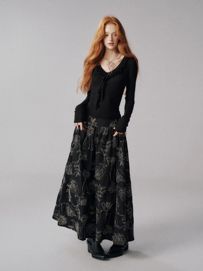 "糖果多巴胺" Color-Accented Embroidered Flared Midi Skirt (Black)