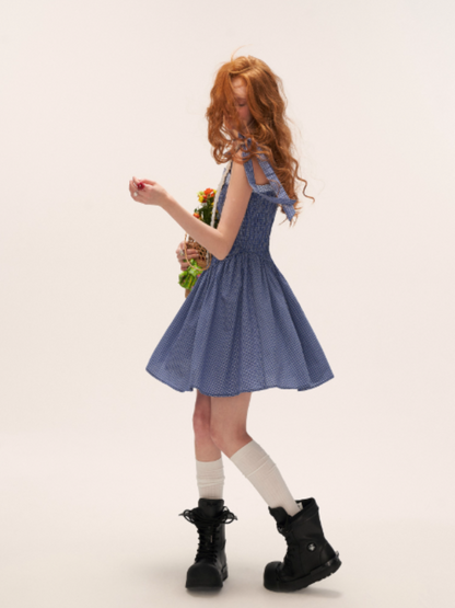 French Bow Tie Strap Smocked Dress WE852 (Navy Plaid)