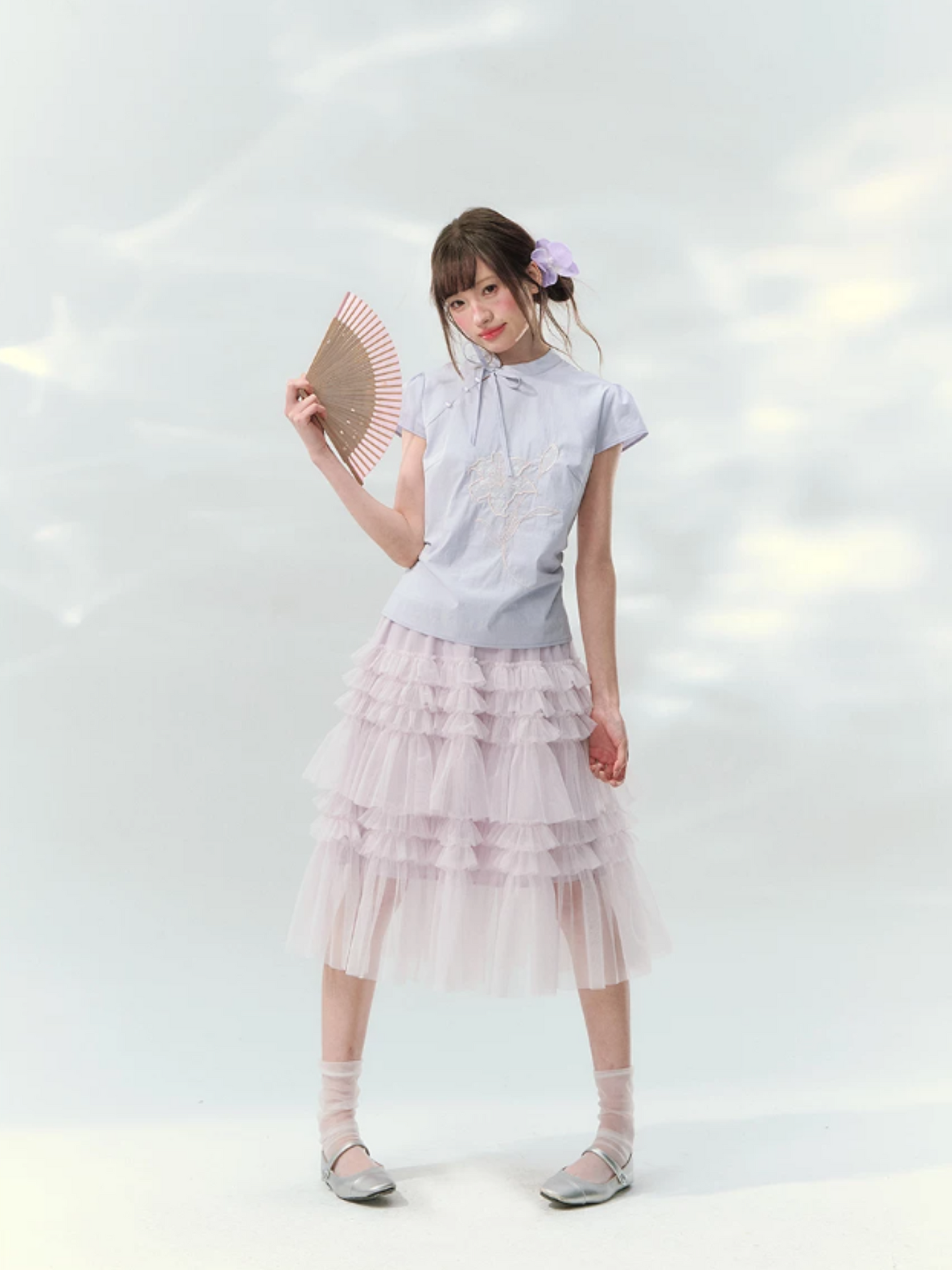 “Lilac Embroidered Whisper” Orchid Purple Mandarin Collar Blouse