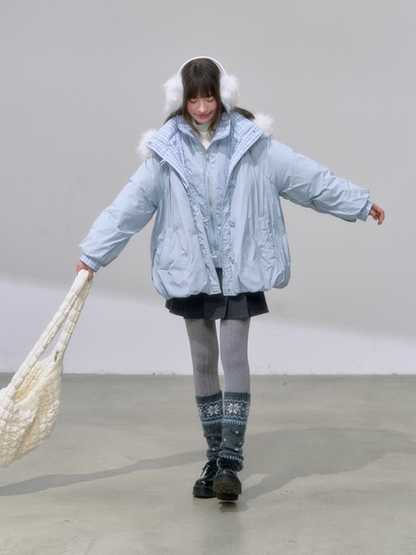 "雪境叠影" Faux Two-Piece Blue Down Jacket with 90% Duck Down & Fur Hood